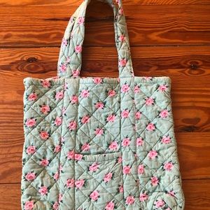 Two’s Company quilted tote. Pale green with pink flowers.